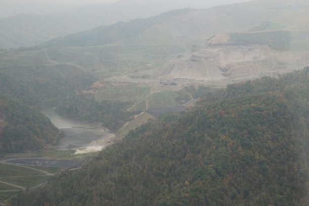 Edwight mountaintop removal site with Shumate's Branch sludge dam. Flyover courtesy www.southwings.org.
